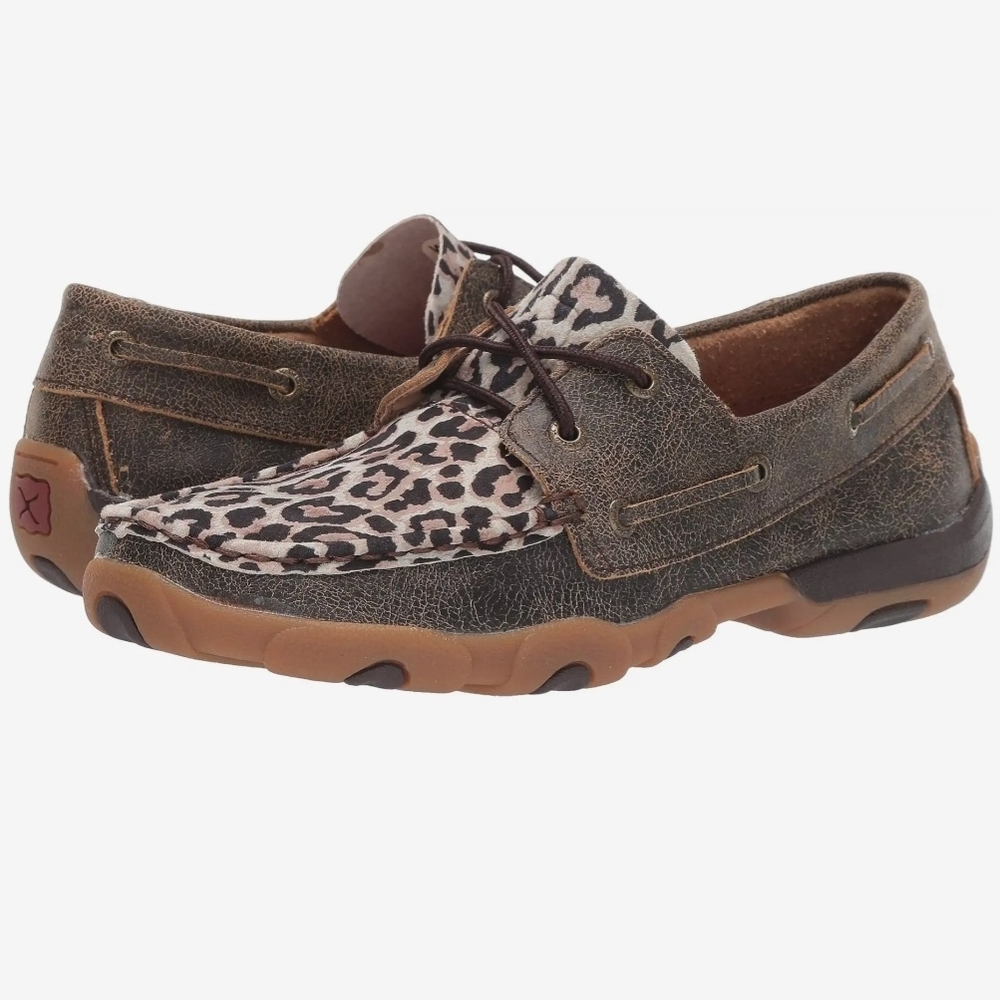 Twisted X Leopard Print Leather Boat Shoes with Brown Accents  Sz. 1M